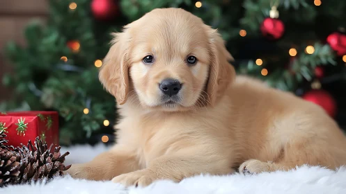 Golden retriever puppy lying on Christmas backdrop.