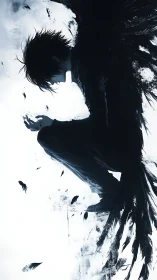 Shadow winged dreamer curls inward as feathers dissolve