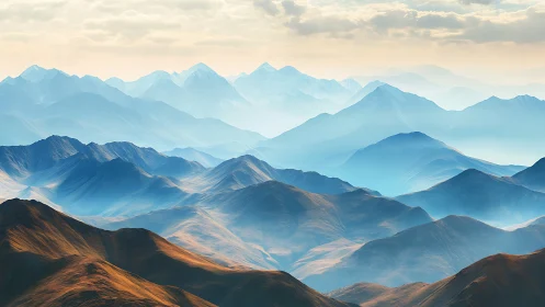 Azure mountain waves roll through a dreamy dawn horizon.