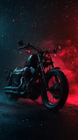 Custom motorcycle stands on wet asphalt under red blue lights