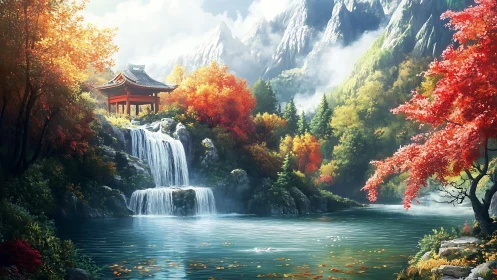 Autumn pagoda dreaming above a silver misted waterfall.