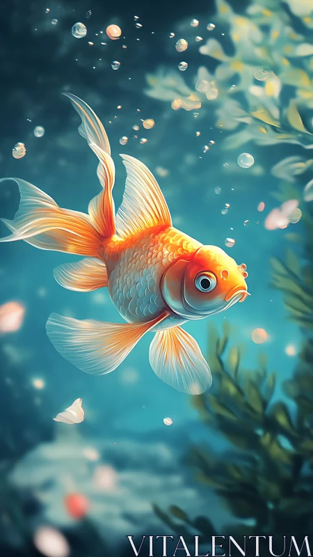 Orange goldfish swims in blue water with bubbles and plants.
