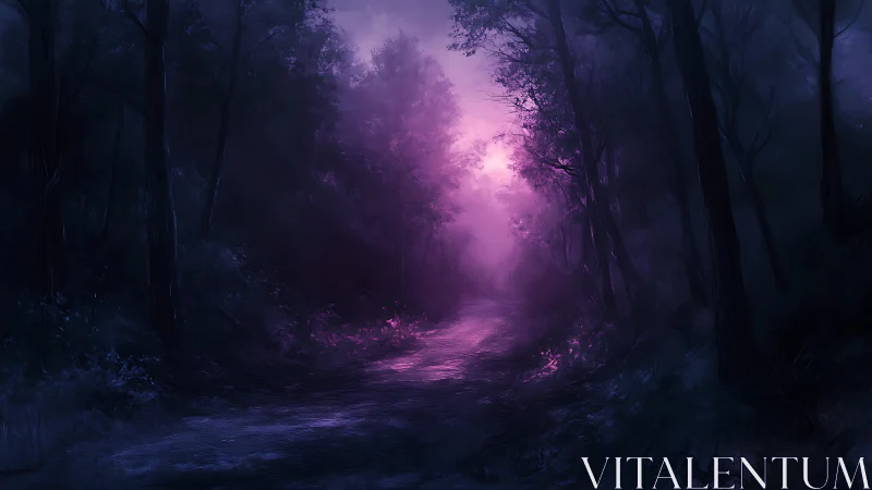 Enchanted forest path under luminous violet twilight glow.