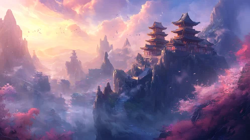 Sunlit mountain temples overlook a misty, dreamlike valley.