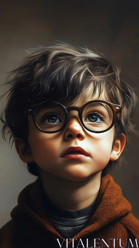 Child wearing round spectacles with tousled dark hair and rust-colored hoodie.