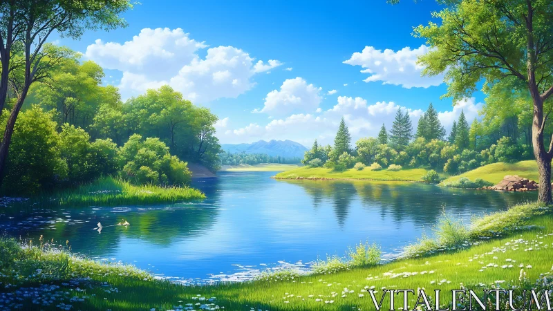 Sunlit river bend cradled by whispering green meadows.