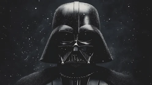 Dark armored sci fi figure in starry monochrome portrait.