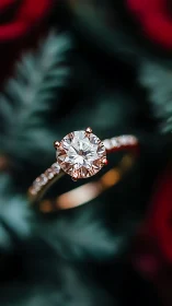 Close-up view of solitaire diamond ring on blurred foliage.