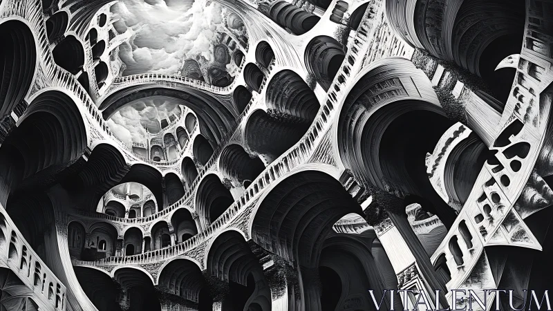 Monochrome multi level arches in abstract vaulted interior.
