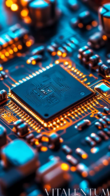 Microchip close-up with neon orange circuitry glow.