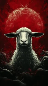 Lone lamb stands beneath blood-red moon in dark symbolism.