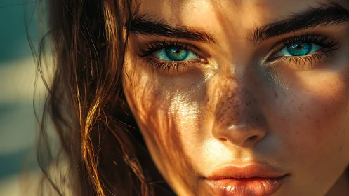 Sunlit blue eyes gaze intensely through golden shadows.