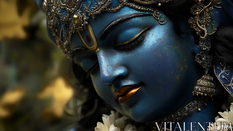 Serene blue deity in jeweled splendor and whispered gold light.