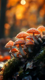 Fly agaric mushrooms glow against blurred autumn forest bokeh