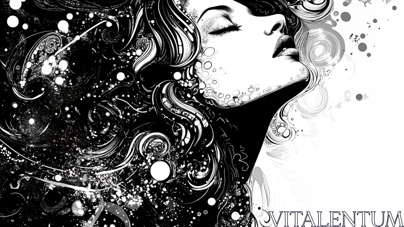 Monochrome vector portrait with fluid splatter dynamics.
