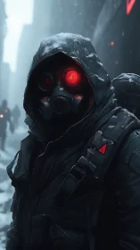 Red-eyed wanderer stalks a snow-drowned cyberpunk alleyway