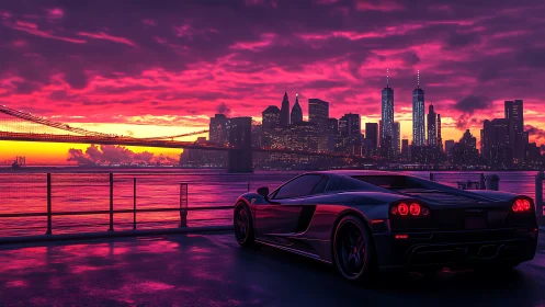 Midnight supercar overlooks neon skyline at vivid sunset.