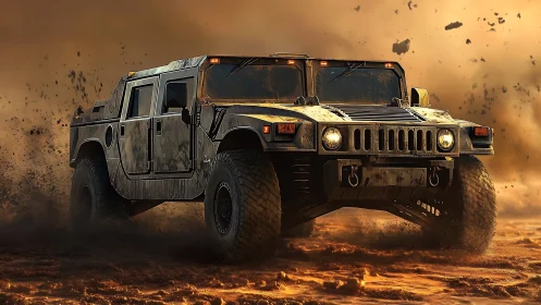 Armored off road utility vehicle driving through loose mud.