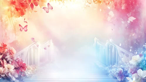 Dreamy Gateway Where Flowers Dance with Butterflies.