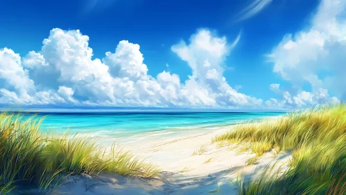 Tropical Beach Paradise with Azure Waters and Fluffy Clouds.