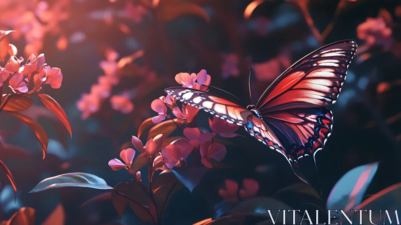 Butterfly on pink blossoms in soft dusk garden lighting.