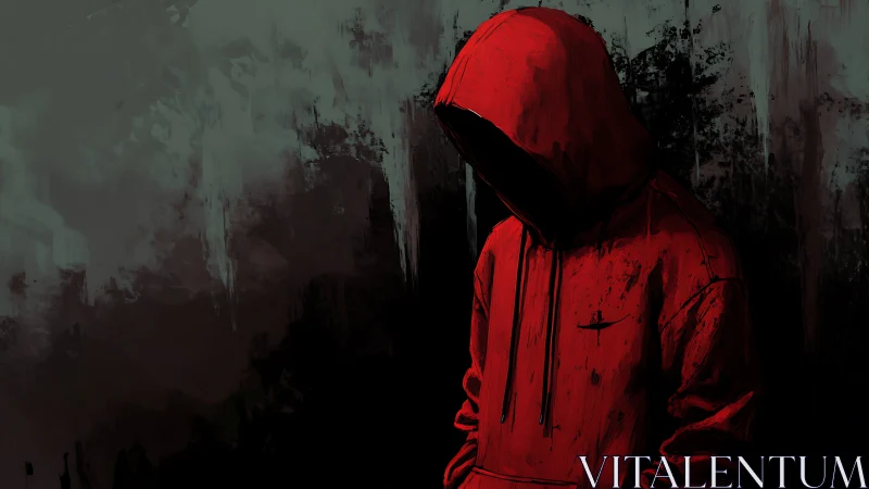 Digital painting of hooded figure in red against grunge wall.