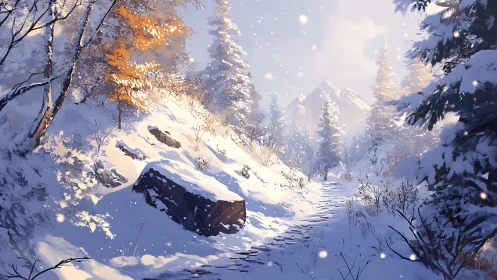 Gentle winter trail winding toward soft, sunlit peaks.