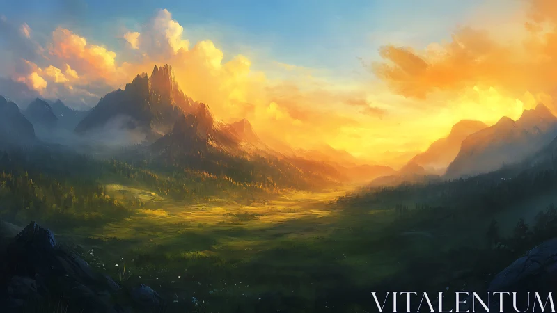 Sunlit mountain valley under blazing golden sunrise.