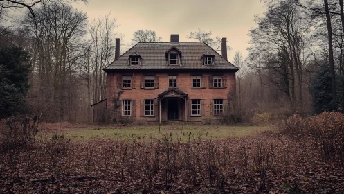 Abandoned brick house stands in overgrown forest clearing