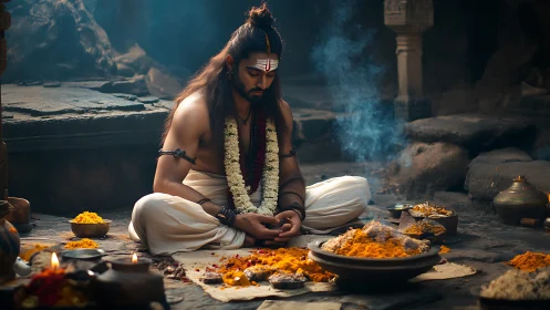 Figure sits in ritual space surrounded by offerings and smoke