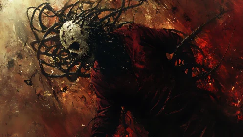 Whispers in the ember storm with a haunted masked figure.