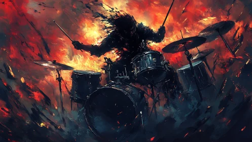Fiery silhouette drummer surrounded by explosive abstract strokes.