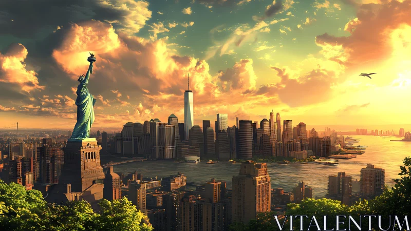 Sunlit New York harbor skyline with Statue of Liberty vista