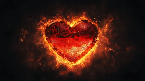 Flaming Heart Shape with Intense Orange Fire Against Black Background