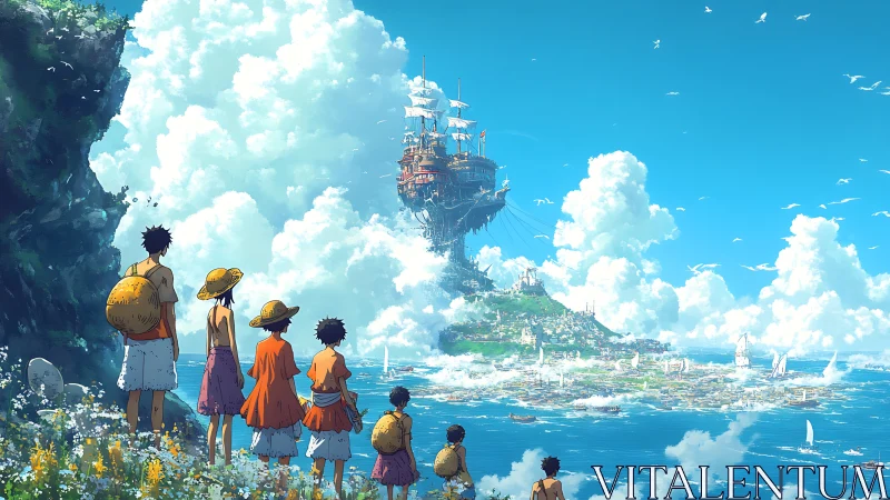 Young travelers gaze toward a floating sky harbor over sea