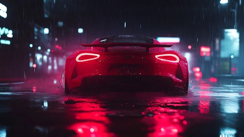 Sleek red sports car glowing in neon rain soaked city night.