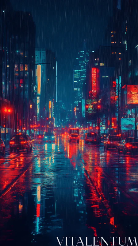 Neon rain-soaked city street glows with cyberpunk energy.