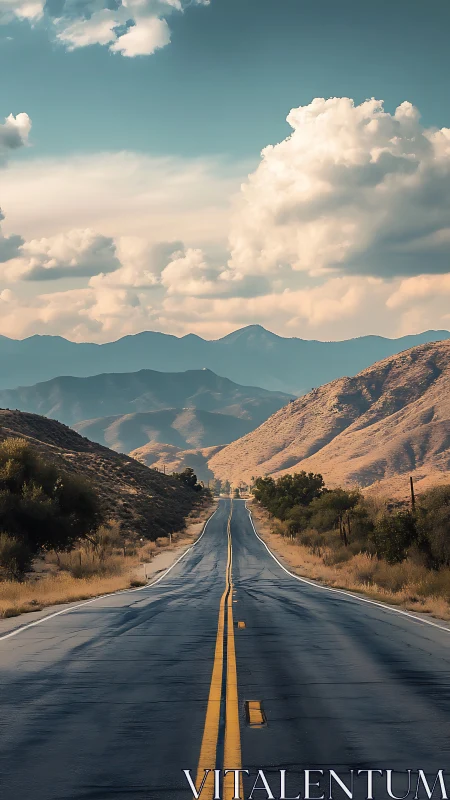 Endless desert highway quietly threads toward painted mountains