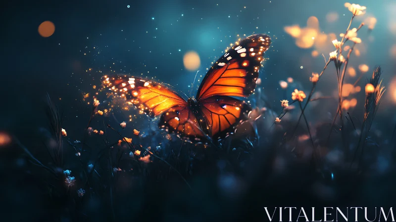 Twilight emberwing butterfly scattering luminous meadow sparks.