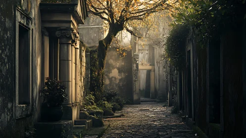 Sunlit stone alleyway leading to a quiet hidden courtyard.