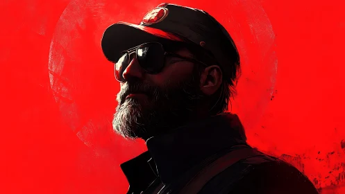 Bearded rebel in crimson glare, haloed by burning dusk.