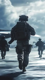 Soldier in tactical gear moves across runway toward aircraft