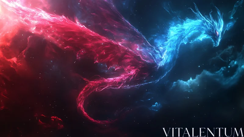 Cosmic phoenix dragon splits into red and blue nebulae.