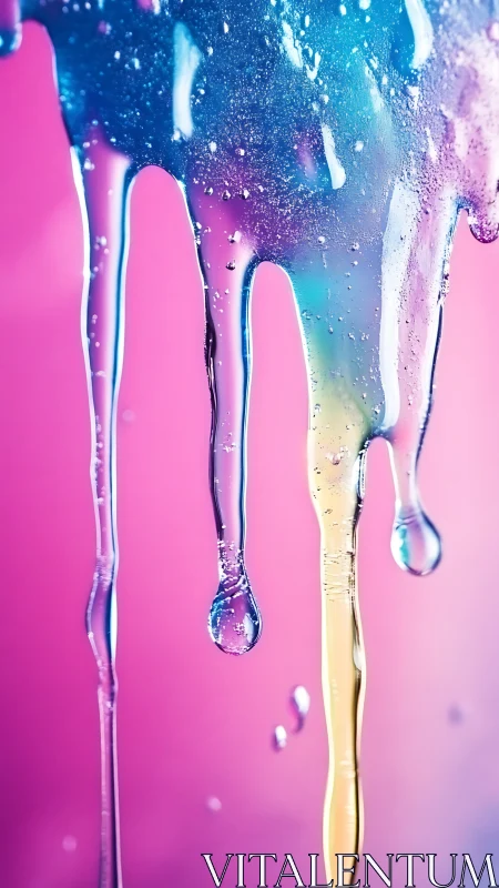 Colored viscous liquid drips against soft pink backdrop.