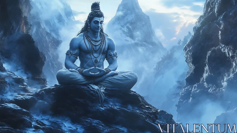 Mountain mists cradle a serene blue yogi in cosmic stillness