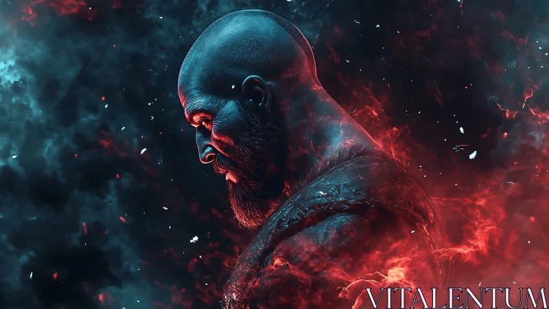 Warrior profile burns through swirling red and teal smoke