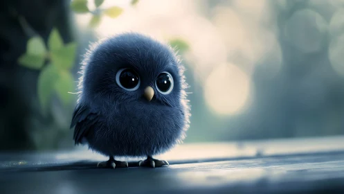 Adorable Fluffy Blue Cartoon Bird on Wooden Surface, Soft Focus.
