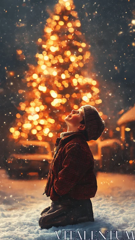 Snow-kneeling dreamer beneath a blazing Christmas dusk.