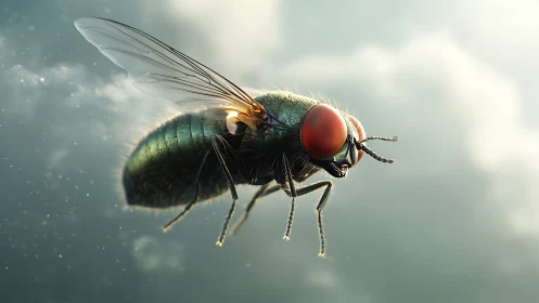 Glistening green fly drifting through soft glowing sky.
