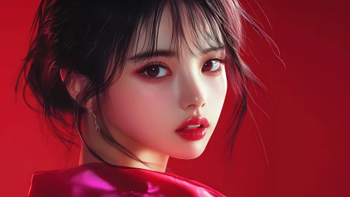 Crimson-lit digital portrait of woman with glossy red lips.